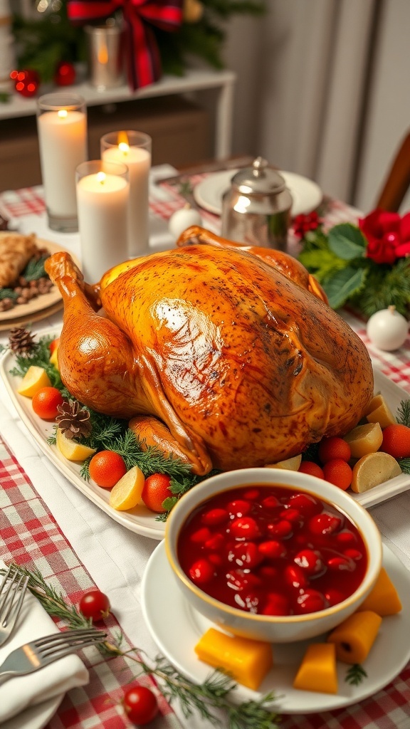 Roasted turkey with seasonal vegetables and cranberry sauce on a festive table.